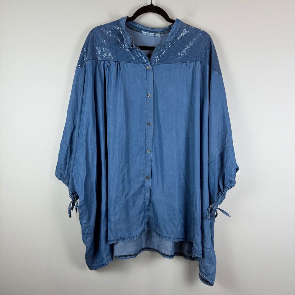 kaktus Top Women's 2X Plus Blue Chambray Dolman Sleeve Button Front Blouse Boho